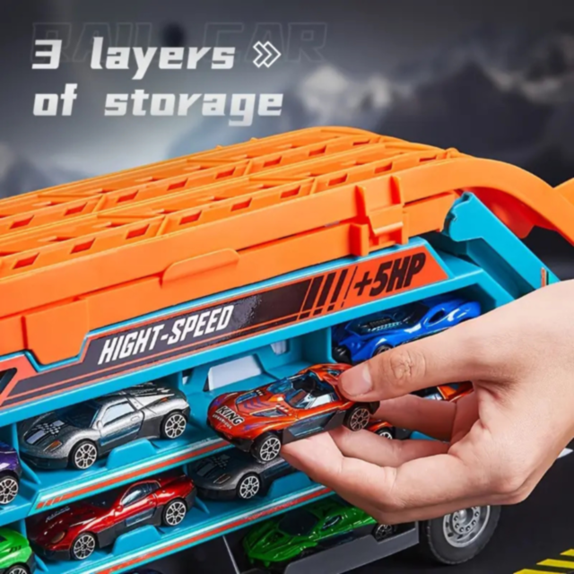 Camion Transporter cu Piste de Curse și Mașinuțe – Model „Rocket” (galben)