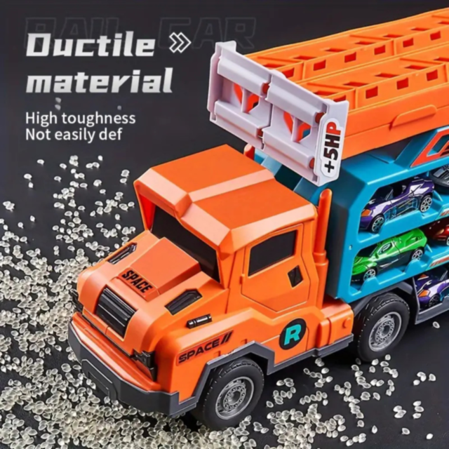 Camion Transporter cu Piste de Curse și Mașinuțe – Model „Rocket” (galben)