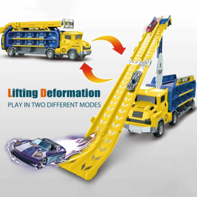Camion Transporter cu Piste de Curse și Mașinuțe – Model „Rocket” (galben)