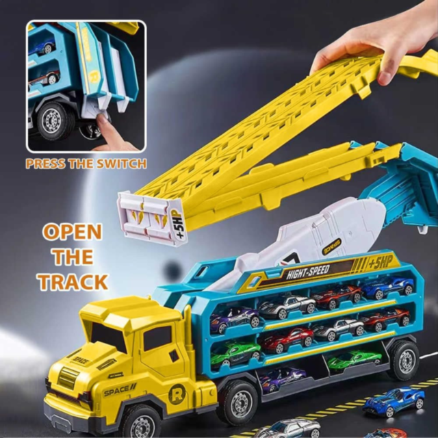 Camion Transporter cu Piste de Curse și Mașinuțe – Model „Rocket” (galben)