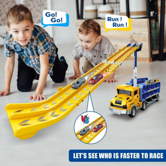 Camion Transporter cu Piste de Curse și Mașinuțe – Model „Rocket” (galben)