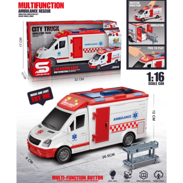 Ambulanță Jucărie cu Lumini, Sunete și Targă