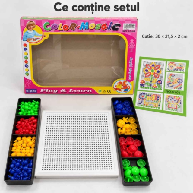 Joc mozaic cu piese colorate și tablă perforată
