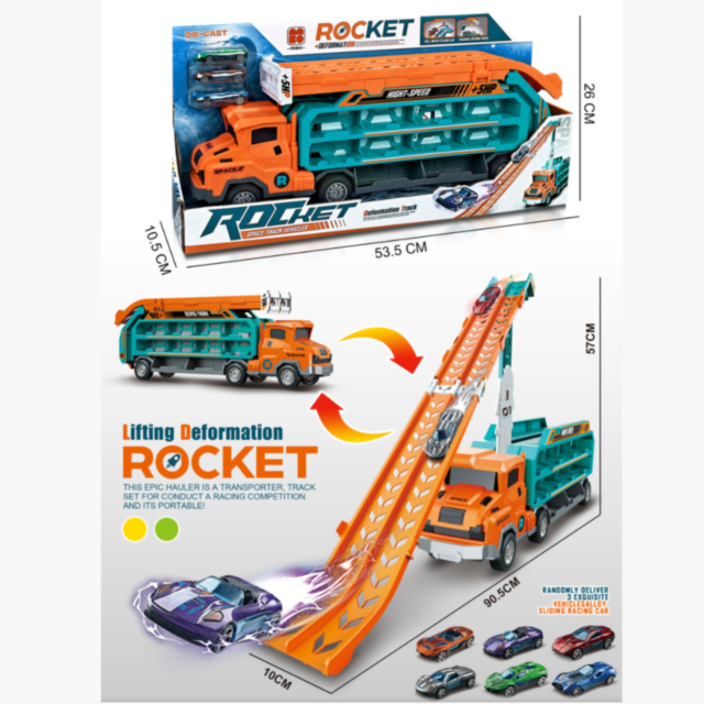 Camion „Rocket” cu Piste de Curse și Mașinuțe – Transformabil și Portabil (verde)