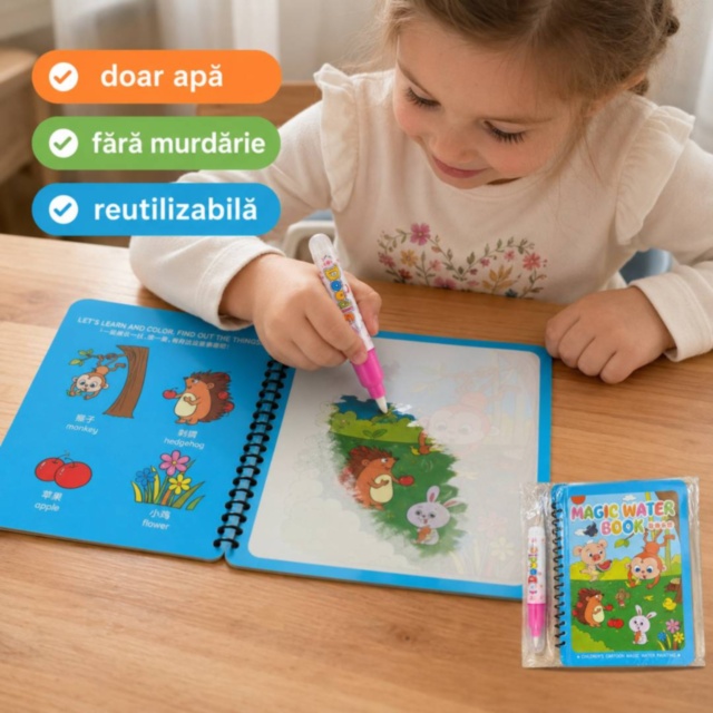 Carte reutilizabilă de colorat cu apă și pix inclus