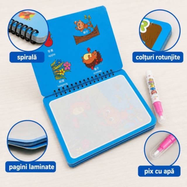 Carte reutilizabilă de colorat cu apă și pix inclus