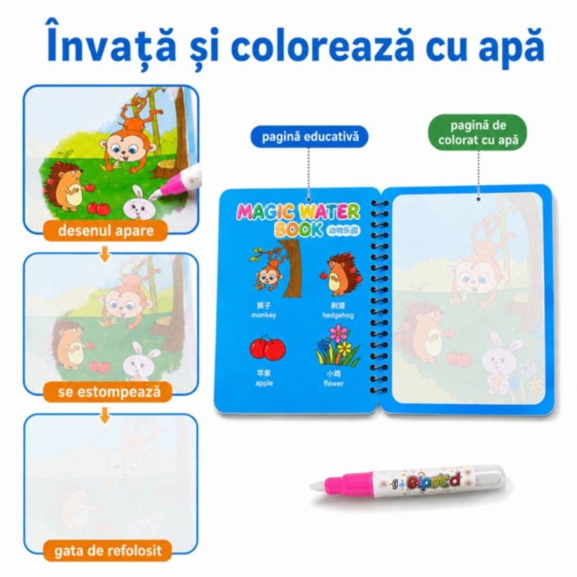Carte reutilizabilă de colorat cu apă și pix inclus