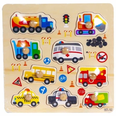 Puzzle Incastru din Lemn cu Buton cu Vehicule  | image