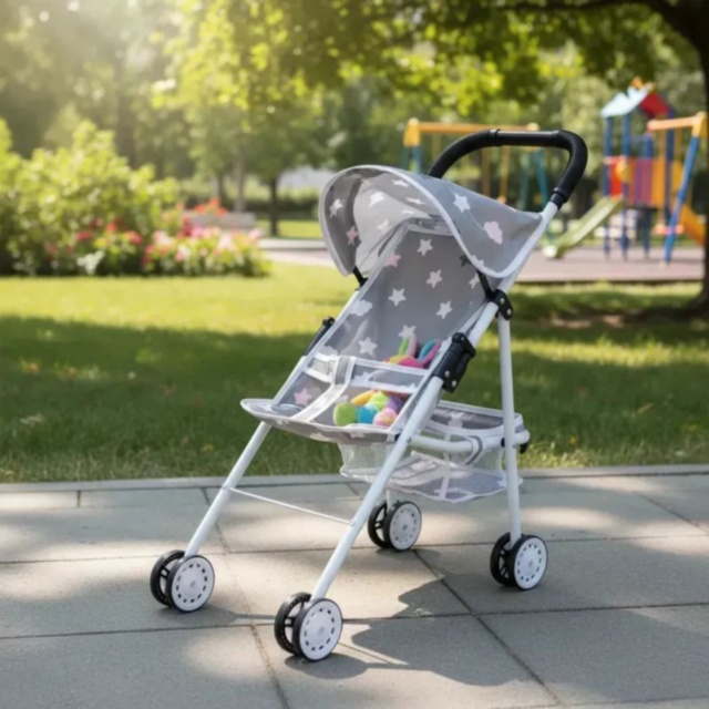 Cărucior pentru Păpuși Pliabil cu Copertină și Coș