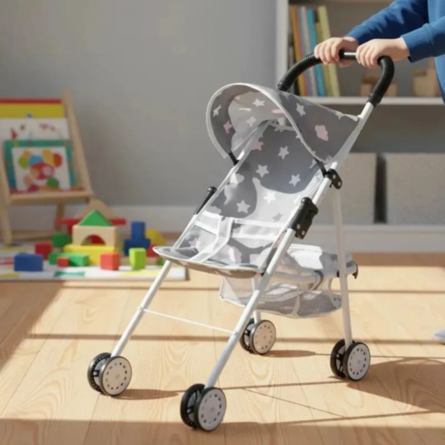 Cărucior pentru Păpuși Pliabil cu Copertină și Coș