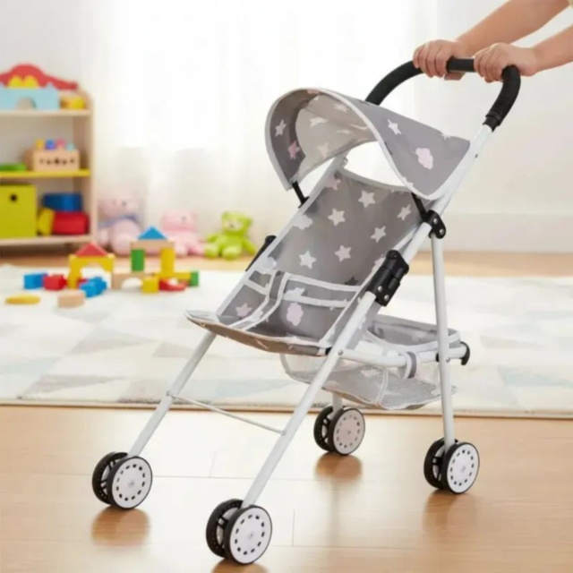 Cărucior pentru Păpuși Pliabil cu Copertină și Coș