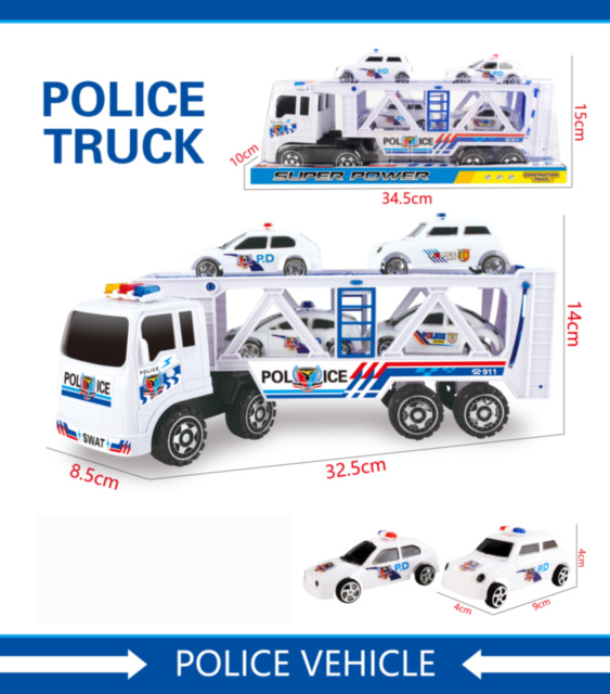 Camion cu Trailer și 4 Mașinuțe de Poliție, 34cm  