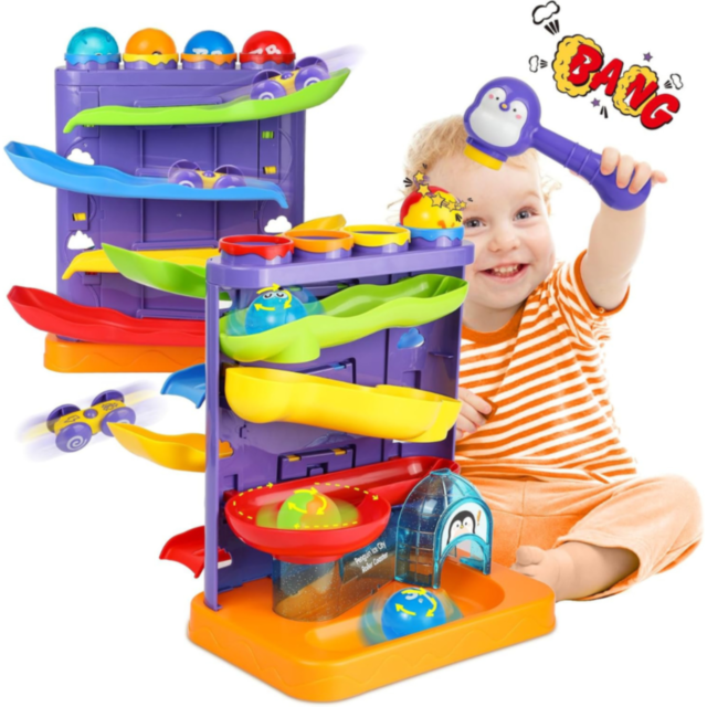 Roller Coaster Pinguin cu Roti și Bile Colorate