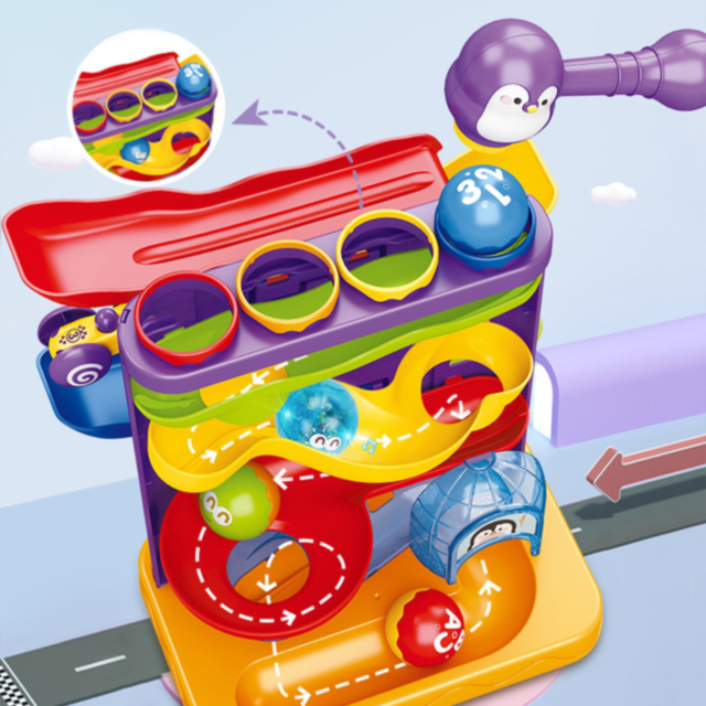 Roller Coaster Pinguin cu Roti și Bile Colorate