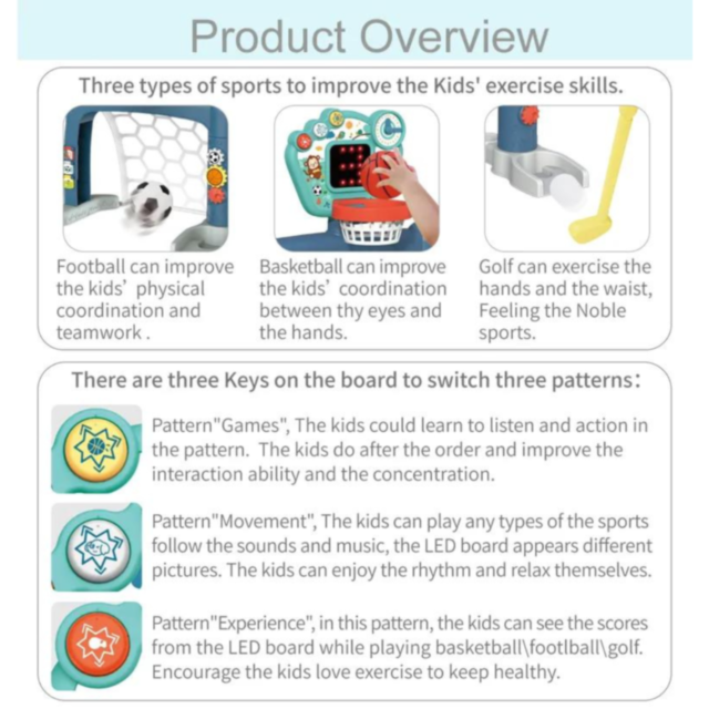 Set sportiv 3 în 1 pentru copii mici - Baschet, Fotbal și Golf 