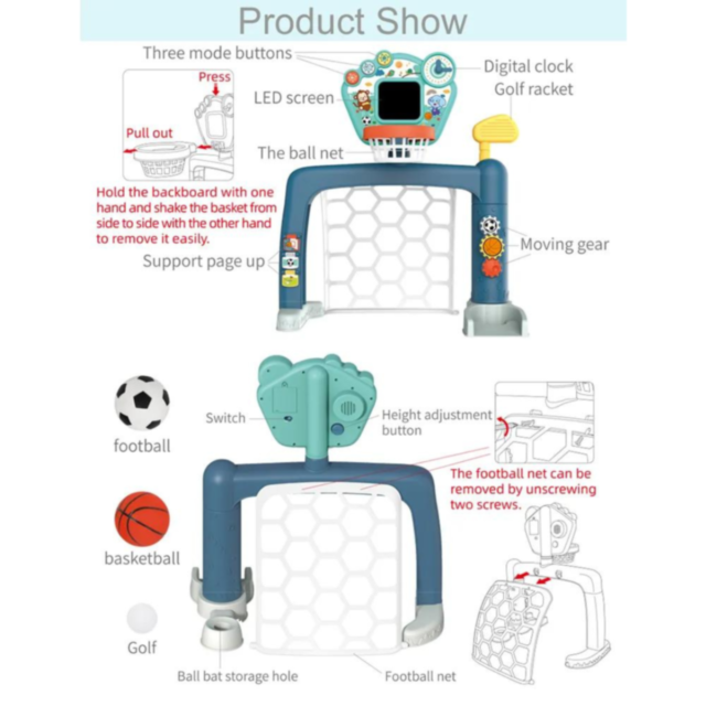 Set sportiv 3 în 1 pentru copii mici - Baschet, Fotbal și Golf 