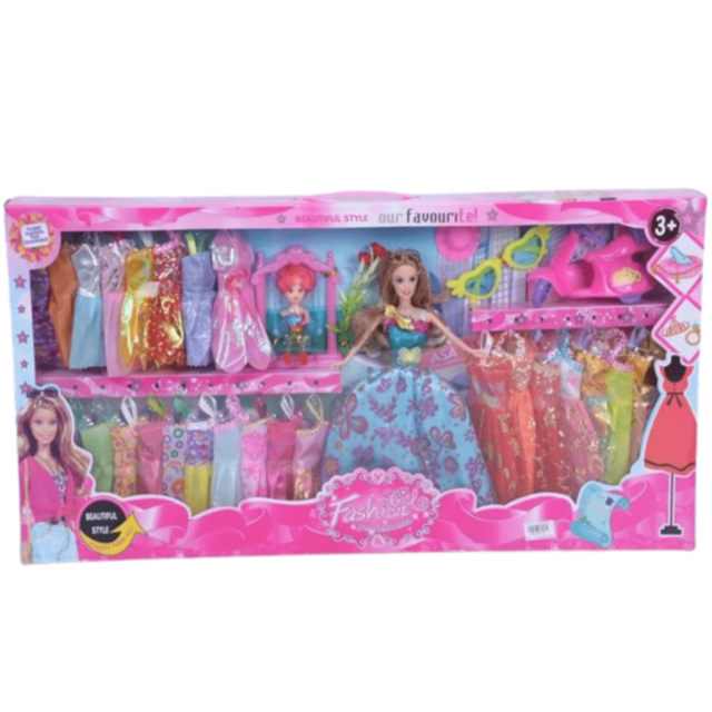 Set Păpușă Mare cu Rochii și Accesorii (culori aleatorii)