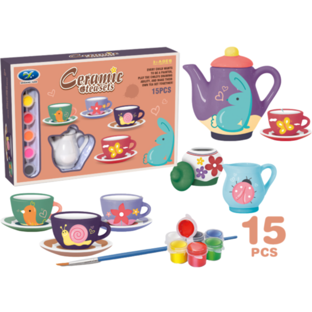 Set de ceai din ceramică pentru pictat, 15 piese