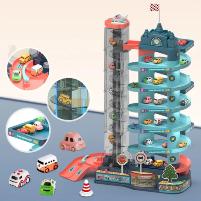 Set Parcare Etajată cu Lift și Mașinuțe Interactive