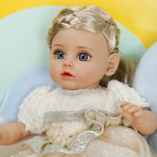 Păpușă Reborn Interactivă Blondă cu Rochie Albă și Voce – 35 cm