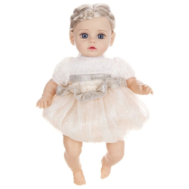 Păpușă Reborn Interactivă Blondă cu Rochie Albă și Voce – 35 cm