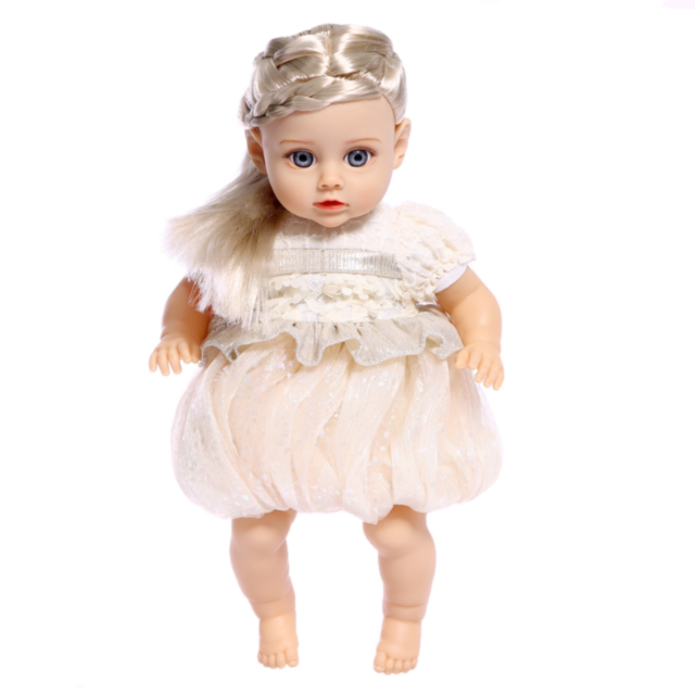 Păpușă Reborn Interactivă Blondă cu Rochie Albă și Voce – 35 cm