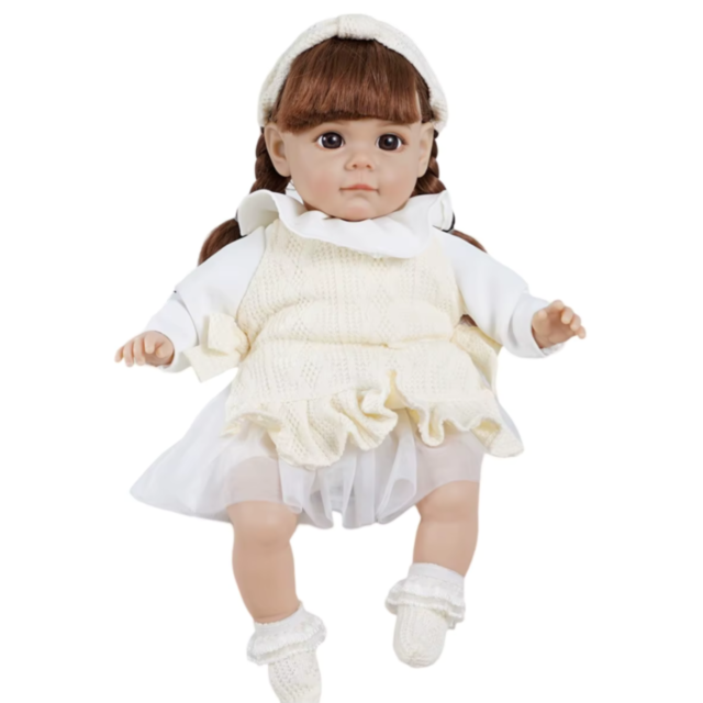 Păpușă Reborn cu Corp Moale și Ținută Călduroasă Crem – 35 cm