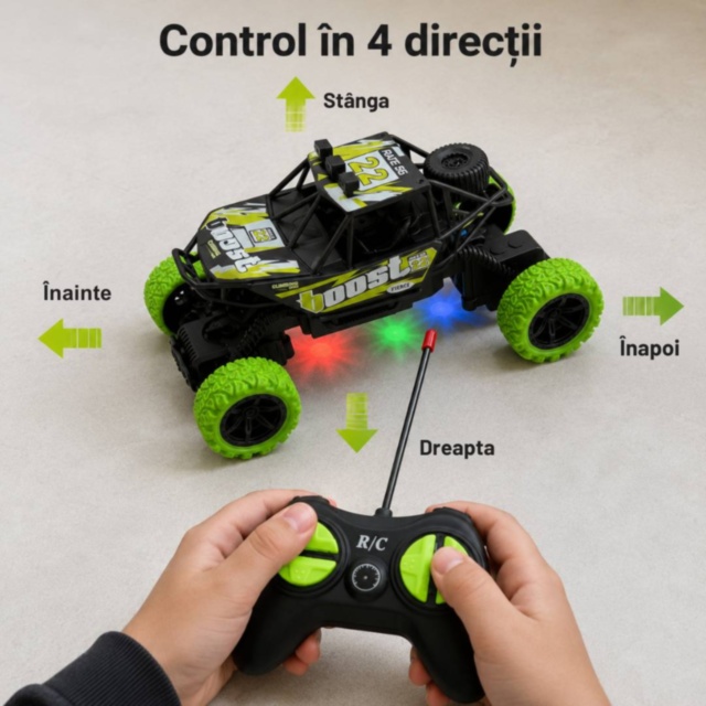 Mașină off-road cu telecomandă și lumini multicolore pentru copii
