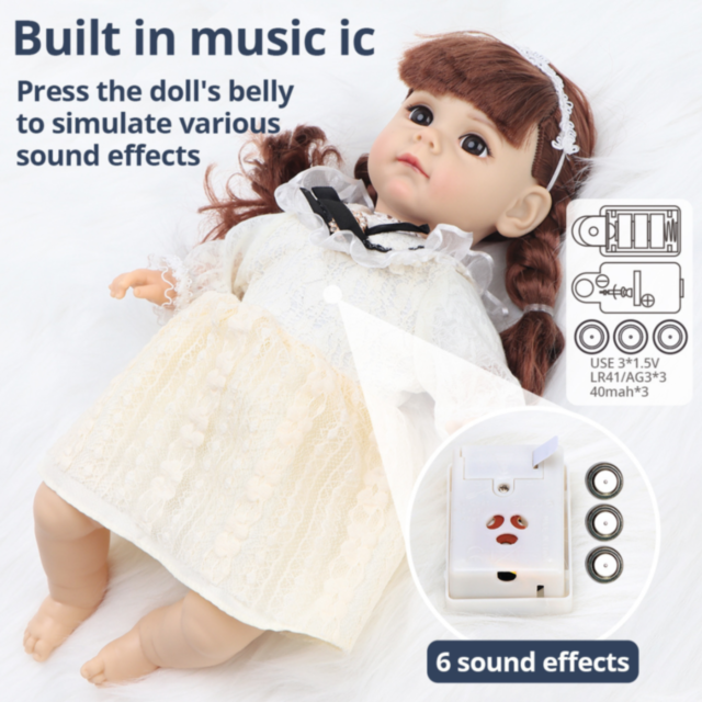 Păpușă Reborn cu Rochie Dantelată și Fundiță Elegantă – 36 cm