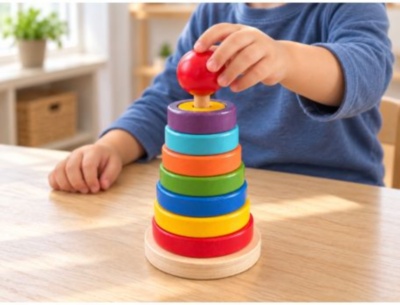 Turn educativ din lemn cu inele și discuri colorate | image