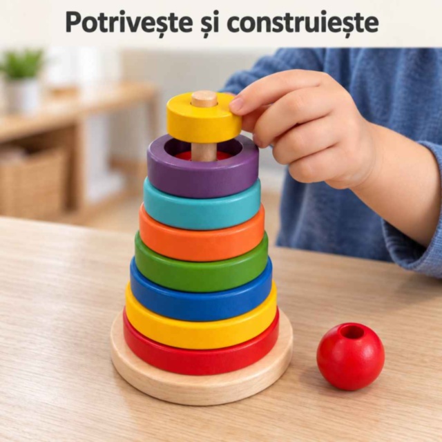 Turn educativ din lemn cu inele și discuri colorate