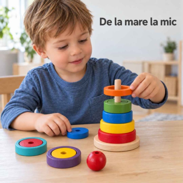 Turn educativ din lemn cu inele și discuri colorate
