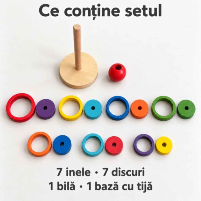 Turn educativ din lemn cu inele și discuri colorate
