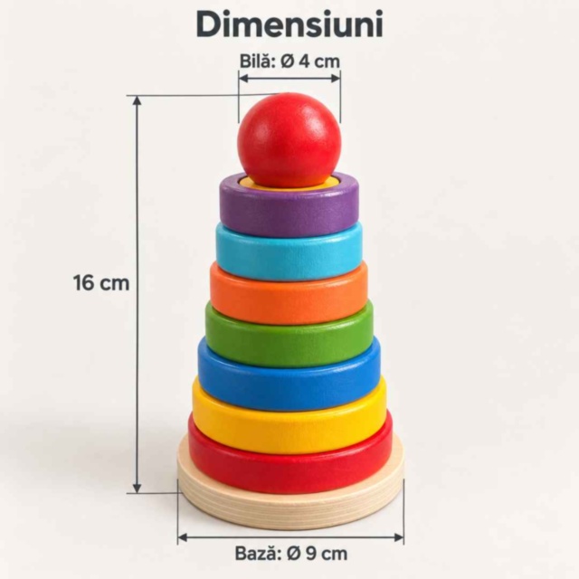 Turn educativ din lemn cu inele și discuri colorate