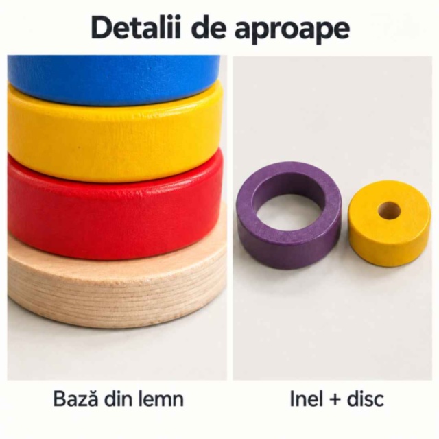 Turn educativ din lemn cu inele și discuri colorate