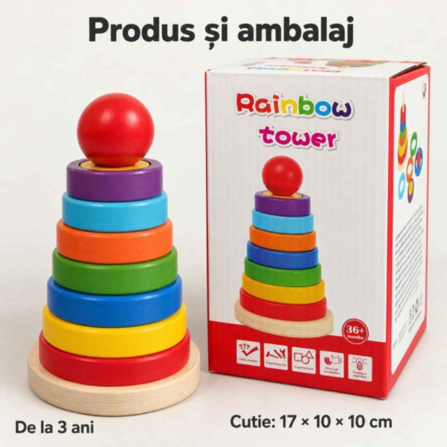 Turn educativ din lemn cu inele și discuri colorate