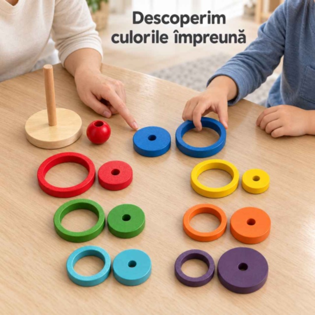 Turn educativ din lemn cu inele și discuri colorate