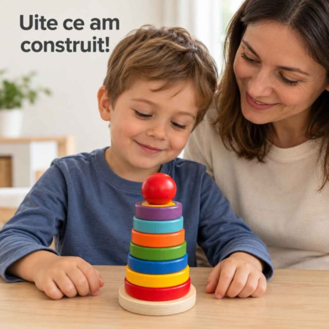 Turn educativ din lemn cu inele și discuri colorate