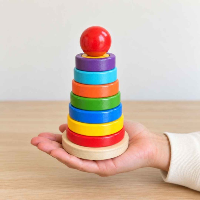 Turn educativ din lemn cu inele și discuri colorate
