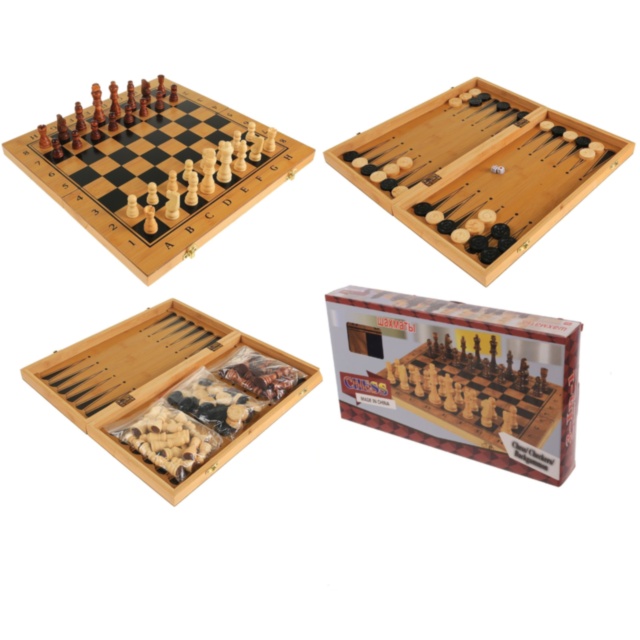 Joc de Dame, Șah și Table, set 3 în 1 din Lemn, 38cm