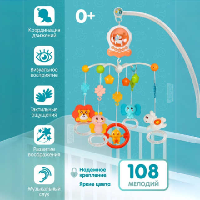 Carusel Muzical pentru Pătuț cu Lumină de Veghe și Jucării Detasabile