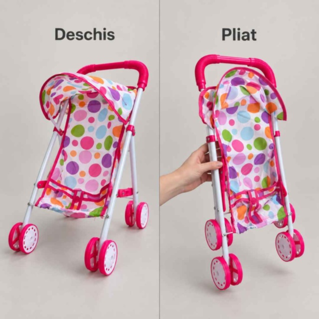 Cărucior pliabil pentru păpuși, cu copertină și buline colorate