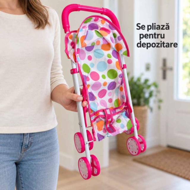 Cărucior pliabil pentru păpuși, cu copertină și buline colorate