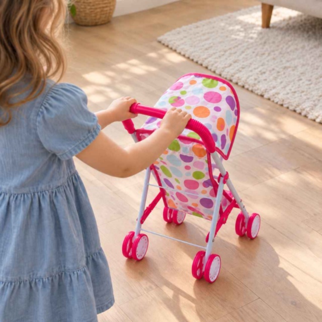 Cărucior pliabil pentru păpuși, cu copertină și buline colorate