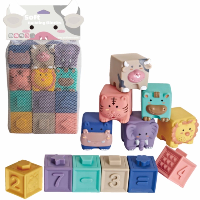 Set 12 Cuburi Moi de Cauciuc cu Animale și Forme Geometrice