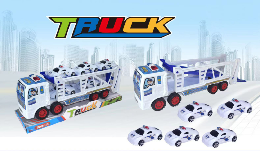 Camion cu Trailer și 5 Mașinuțe de Poliție, 40cm