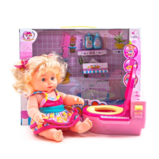 Păpușă cu 10 Sunete Realiste și WC-ul Interactiv cu Efecte Sonore