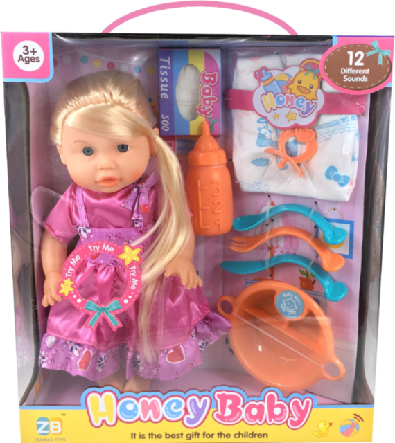 Păpușă cu Sunete, Sticluță, Oliță, Tacâmuri și Pampers