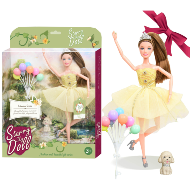 Păpușa Prințesă în Rochie Galbenă - Set cu Baloane și Accesorii
