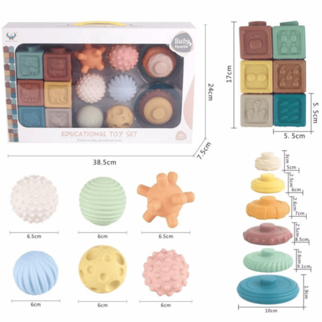 Set 3 în 1 Cuburi, Inele și Bile Sensoriale